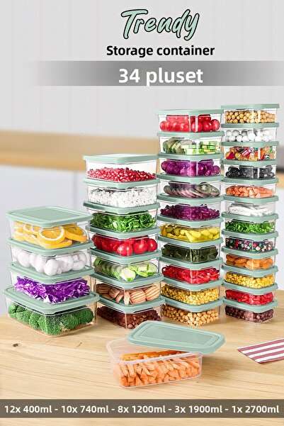 Meleni Home Set of 34 Rectangular Green Microwave Suitable Organized Food Containers