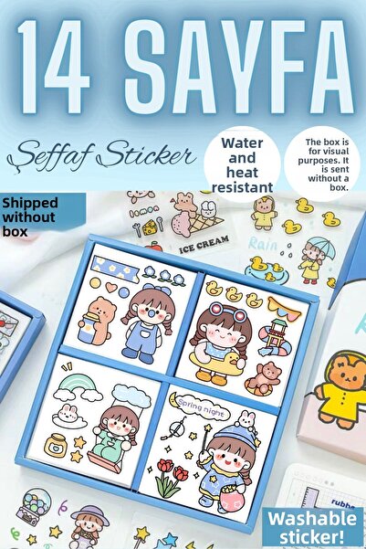 sanatıbedi مجموعة ملصقات مكونة من 14 ورقة شفافة كاواي لطيفة مقاومة للماء - ملصق دفتر الهاتف المحمول