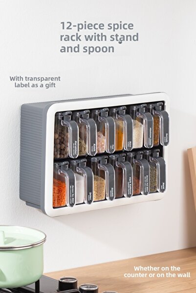 Porsima 1118 12-Piece Spice Rack Storage Set - With Label, Self-Adhesive and Spoon Lid