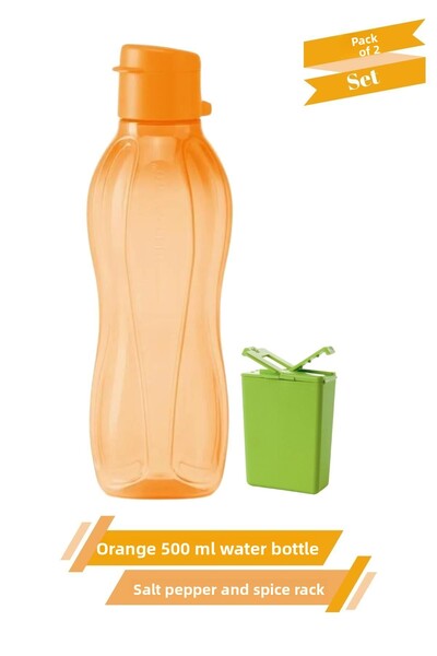 Tupperware Eco Orange 500ml Water Bottle Flask Salt Shaker Black Pepper Holder Eco-Friendly Set of 2