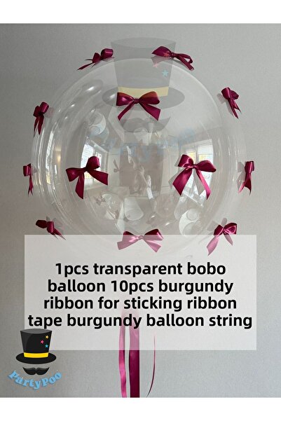 PartyPoo Transparent Bobo Balloon Burgundy Ribbon Bow Set Bow Balloon