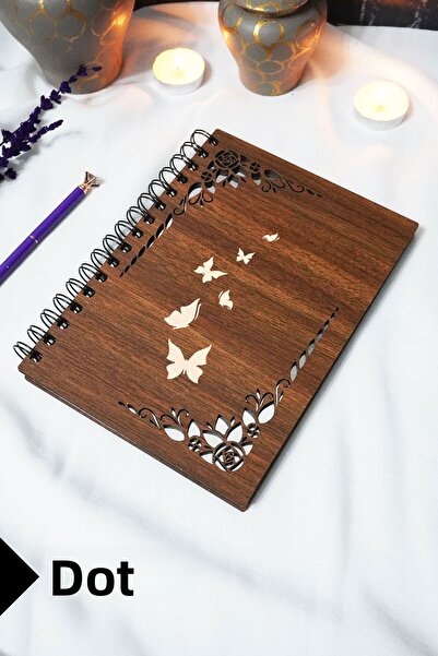 markcat Butterfly Wooden Cover Notebook - Checkered Notebook - 60 Sheets (120 Pages) - A5 15X21 cm