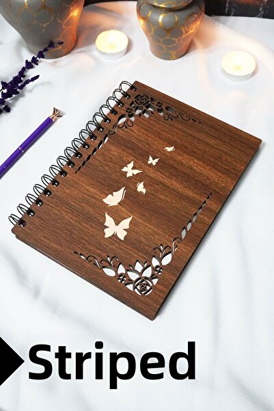 markcat Butterfly Wooden Cover Notebook - Checkered Notebook - 60 Sheets (120 Pages) - A5 15X21 cm
