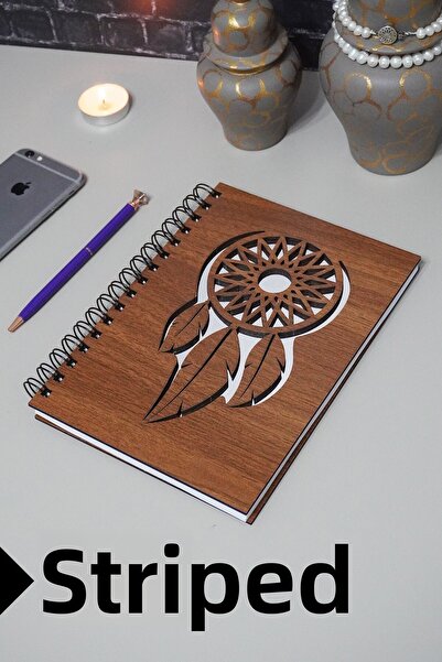 markcat Dream Catcher Themed Wooden Cover Notebook - Lined Notebook - Agenda - School Notebook (A5 - 120 Sheets)
