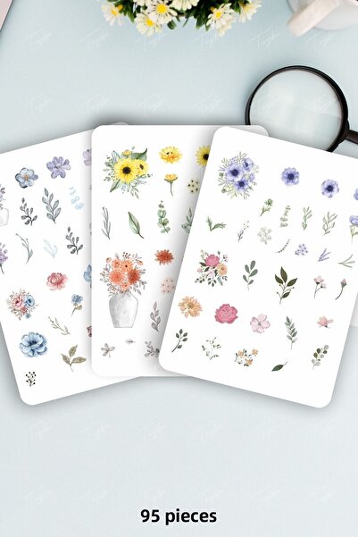 TUGİBU Floral Sticker Set 95 Pieces Stickers for Agenda, Notebook, Planner