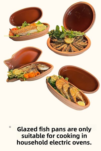 AdenArt Set of 2 Soil Glazed Oval Kayak-Fish Moth Cooking Pan 30X15X4 (for Home Type Oven)