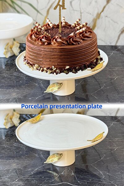 MAY HOME Porcelain Leaf Detailed Footed Presentation Plate & Cake Pastry Food...