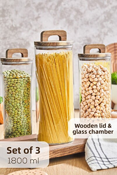 Vienev 3 borcane de 1800 ml cu capac din lemn si maner