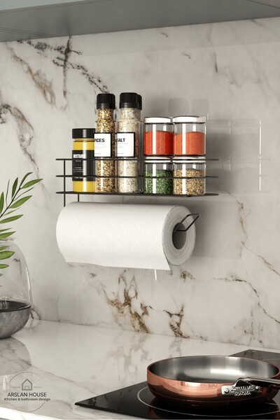 ARSLAN HOUSE رف توابل لاصق ورف مناشف ورقية، رف توابل أسود متين ومنشفة ملفوفة