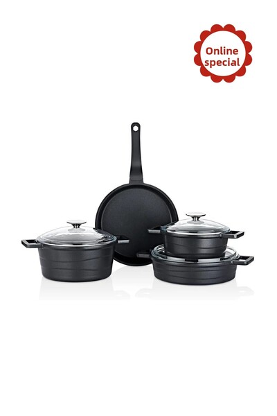 LAVONNI طقم أواني طهي إليكسوس 7 قطع - أسود (غطاء زجاجي)