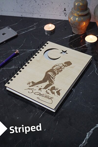 markcat Kemal Atatürk Themed Lined Wooden Cover Notebook - for Agenda and School (A5 - 120 Pages)