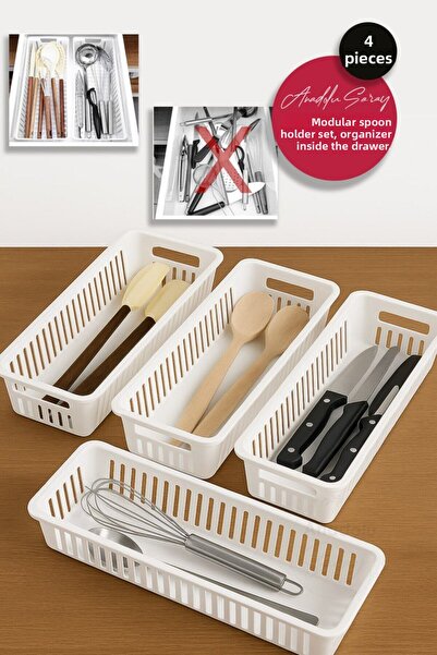Anadolu Saray مجموعة من 4 أدوات ملعقة ودرج منظم للمطبخ مع مقصورة للسكين والمل...