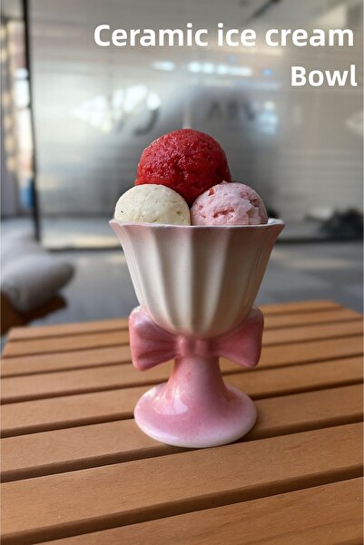 ARVALE Pink Bow Decorated Ceramic Dessert Bowl |   Ice Cream Bowl - 2 Pieces