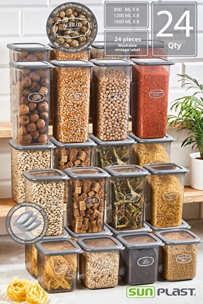 Sunplast ROYAL Set of 24 Square with Label Square Food Storage Container X8(800ML-1200ML-1600ML)Jar with Hard Lid