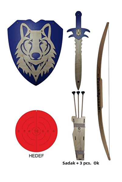 Ahtek Natural Wooden Arrow Bow + Wolf Head Shield + Sword + Quiver + Target Blue