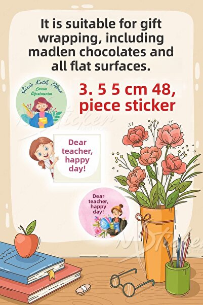 MSticker Set de autocolante pentru Ziua Profesorului, Etichetă cadou pentru Ziua Profesorului Pachet Autocolant cu flori de ciocolată 48 buc