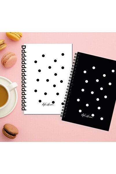 AKILLICA Set of 2 Dotted Notebooks 13 X 20cm 56 Sheets Cardboard Cover Spiral Notebook Black+white Bullet Journal