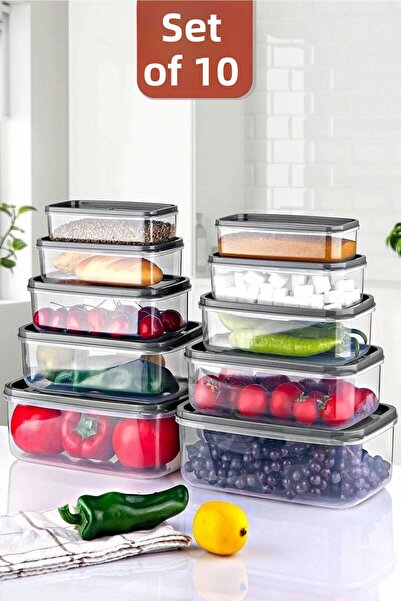 Open Home Set of 10 Embox Rectangular Food Rack, Food Storage Container Anthracite