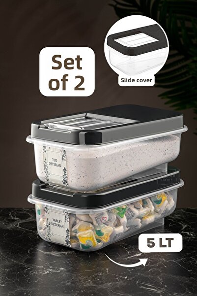 Meleni Home 2 Pack 5 Lt Tablet Detergent Storage Box with Sliding Lid - Labeled Detergent Storage Container Anthracite