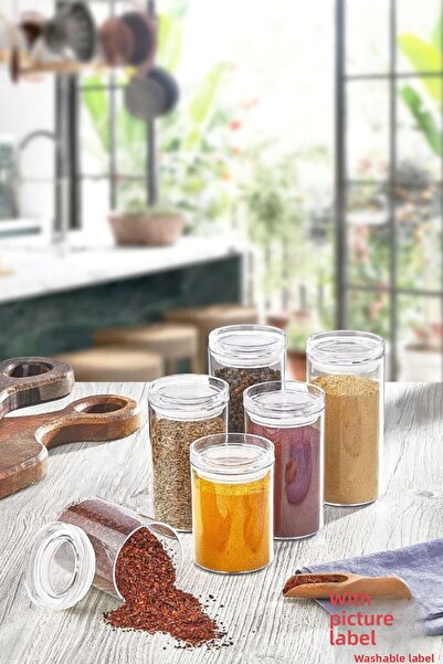 Comprox 12 Pieces Acrylic Vacuum Lid Round Spice Bowl Set with Illustrated Label 300 ml - Spice Bowl Set