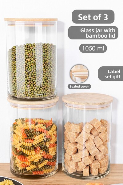 Meleni Home Bamboo Lid Glass Jar Set - Aggressive Vacuum Door 1050 ml
