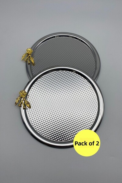 Fiyakalı Ürünler Atölyesi صينية تقديم فضية مستديرة مكونة من قطعتين مع ورد ياب...