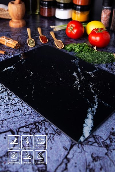 vipgross Tempered Glass Cutting Board 25*35 Black Marble – Anti-Scratch, Heat Resistant, Unbreakable, Anti-Slip