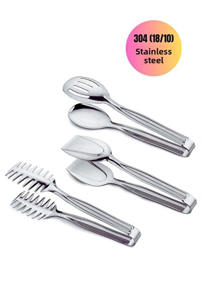 ÖzSa Home Twist 3-Piece 304 Steel Serving Presentation Pasta Cake Salad Cake Tongs Set Steel Serving Set 3 Pieces