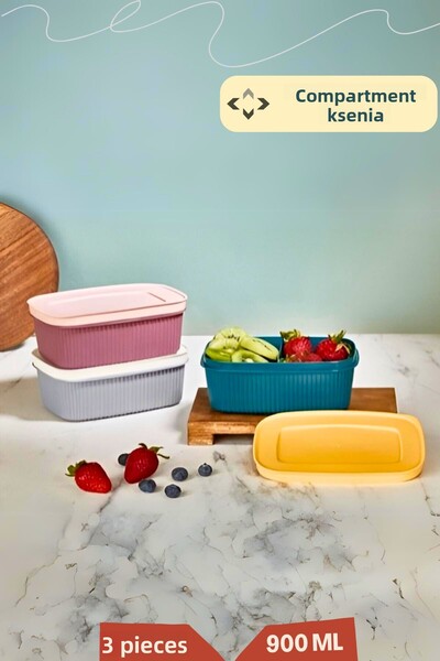 LİGROUND Compartment Xena 3-Piece 2 Compartments 900 ml Storage Container with Lid - Lunch Box 3 Colorful