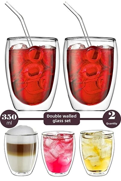 Berdina Home طقم كوب زجاجي سعة 350 مل مع مصاصة - كوب مزدوج الجدار مقاوم للحرارة