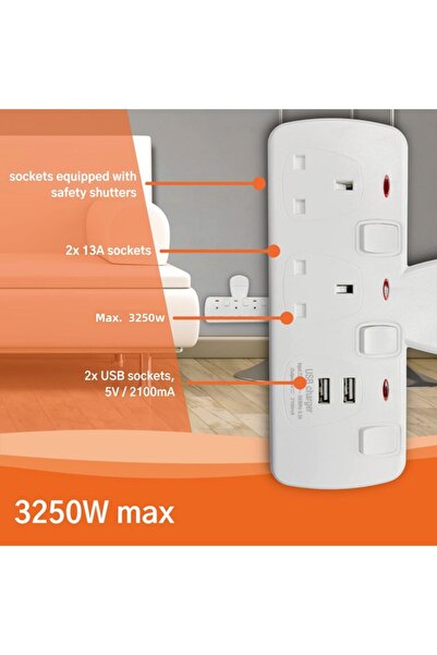 Kistenmacher محول مقبس حائطي سريع الشحن بقوة 3250 واط مزود بمنفذي USB و2-BS