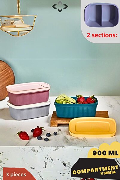LİGROUND Compartment Xena 3-Piece 2 Compartments 900 ml Storage Container with Lid - Lunch Box 3 Colorful