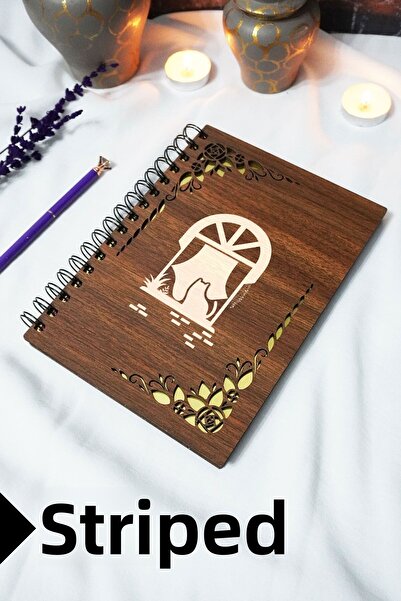 markcat Cat on the Window Spiral Notebook with Wooden Cover - Lined Notebook - 60 Sheets (120 Pages) - A5 15X21 cm