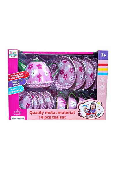 Brother Toys Toy Metal Tea House and Kitchen Set 14 Pieces Tea Cup Tray Teapo...