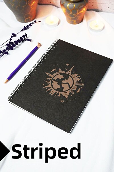 markcat دفتر ملاحظات بغطاء كرافت أسود بطابع عالمي مقاس A5 - دفتر ملاحظات مسطر...