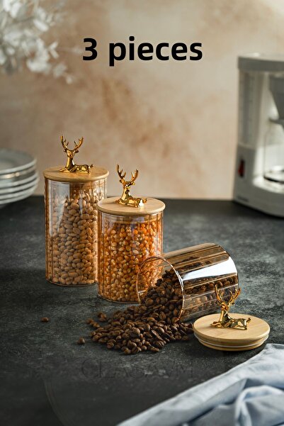 clasavm 3' Smoked Glass Jar with Bamboo Lid and Deer Figure |   Smoked Color Glass Storage Container