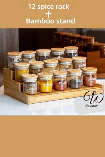 NEWNOW حامل توابل من الخيزران 3 طبقات 12 قطعة 300 مل وعاء توابل بغطاء (مع ملصق وملعقة من الخيزران)