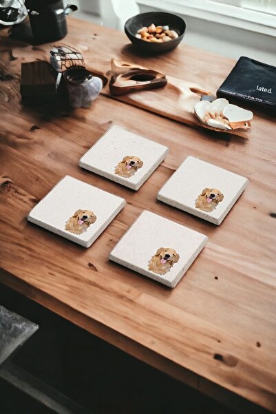 Baumatelier Cute Dog Themed Natural Stone Travertine Coasters Set of 4