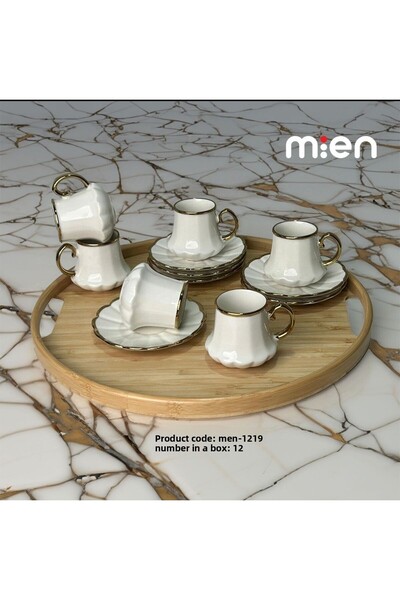 MİEN Gilded White 6-Piece Cup Set, Gilded Porcelain Turkish Coffee Cup Set