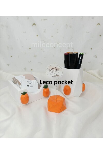 MİLE CONCEPT Desktop 3D Pineapple Patterned Concrete Office Set Orange
