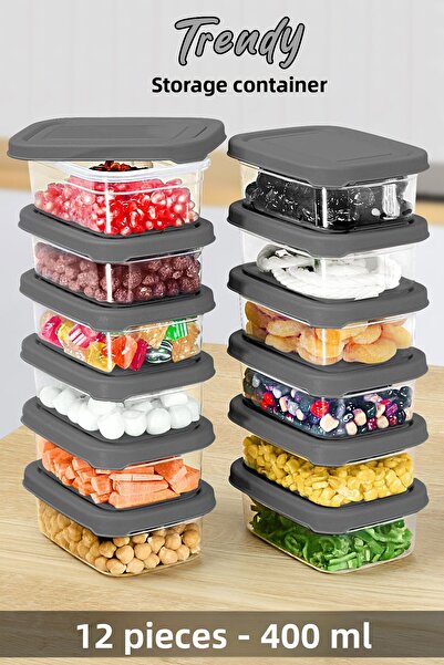 Meleni Home 12 Pieces of Rectangular Food Storage Containers Suitable for 400ml Gray Microwave - Organizer Organizer