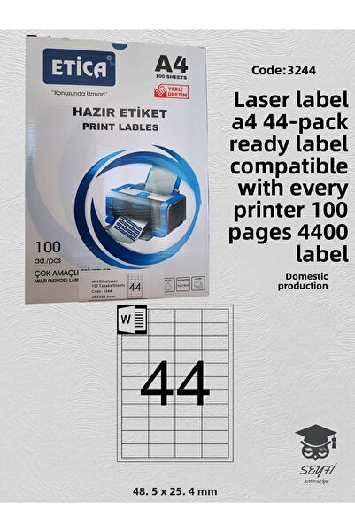SEYFİKİRTASİYE ملصق ليزر 3244 - A4، 44 قطعة، متوافق مع جميع الطابعة، 100 صفحة...