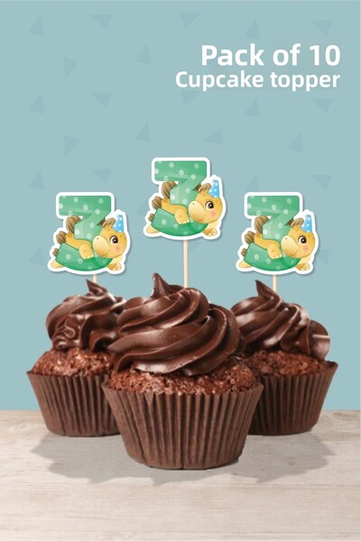 neşeli günlerim زينة الكب كيك بتصميم ديناصور صغير بعمر 3 سنوات '10'