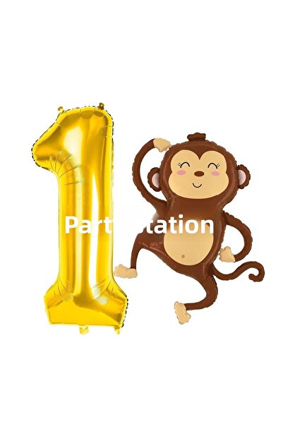 Parti Station مجموعة بالونات قرد سفاري لطيفة لعمر سنة واحدة - رقم ذهبي