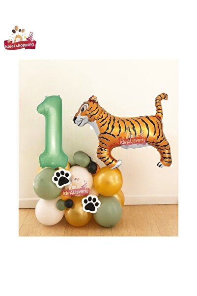 Bkmc 1 Year Old Green Foil Balloon - Big Tiger, Safari and Birthday Party Set...