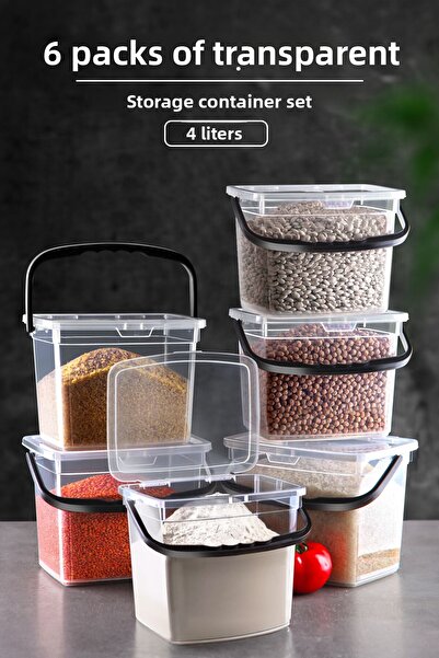 Kitchen Life Recipient de 6 bacule de făină de 4 litri Mega Size - Set de depozitare cu mânere și suport pentru detergent 6 bucăți