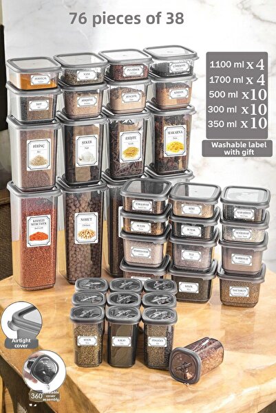 Home ميلان 38 قطعة 76 قطعة حاوية تخزين مربعة ومجموعة توابل 4x(1700 مل 1100 مل) 10x(500 مل 350 مل 300 مل)