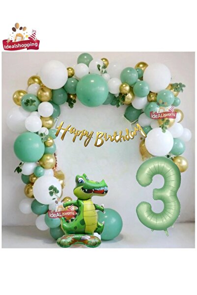 Bkmc Set de petrecere de aniversare din folie de crocodil verde mat, 3 ani, b...