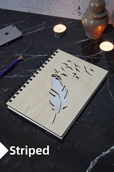 markcat Wooden Covered Lined Notebook - Bird Feather Themed Agenda and School Notebook (A5 - 120 Pages)