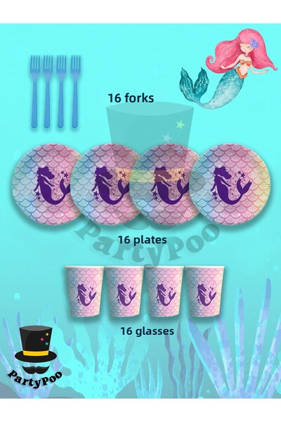 PartyPoo Set de petrecere ecologică pentru ziua de naștere sirenă pentru 16 p...
